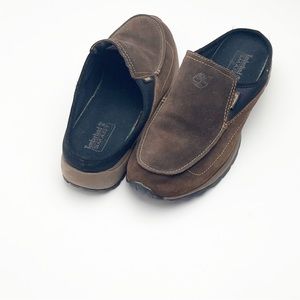TIMBERLAND Chocolate Brown Genuine Leather Slip On Mules, Size 8.5
